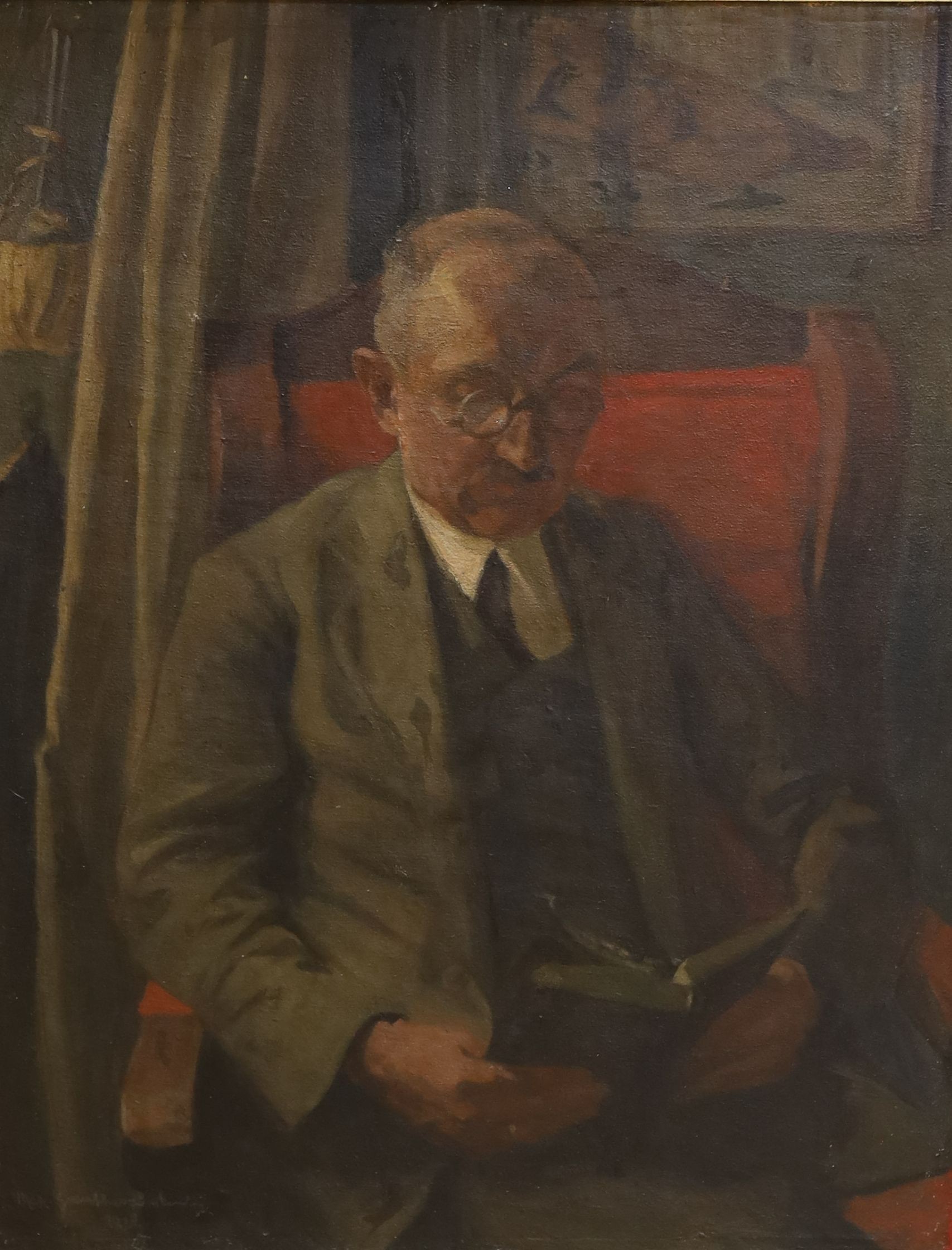 Max Guenther, oil on canvas laid on board, Portrait of a gentleman reading a book, signed and