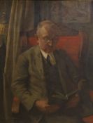 Max Guenther, oil on canvas laid on board, Portrait of a gentleman reading a book, signed and