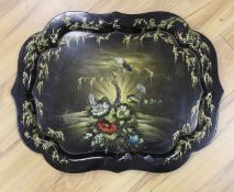 A Victorian floral and gilt painted shaped papier mache tray,64 cms wide.