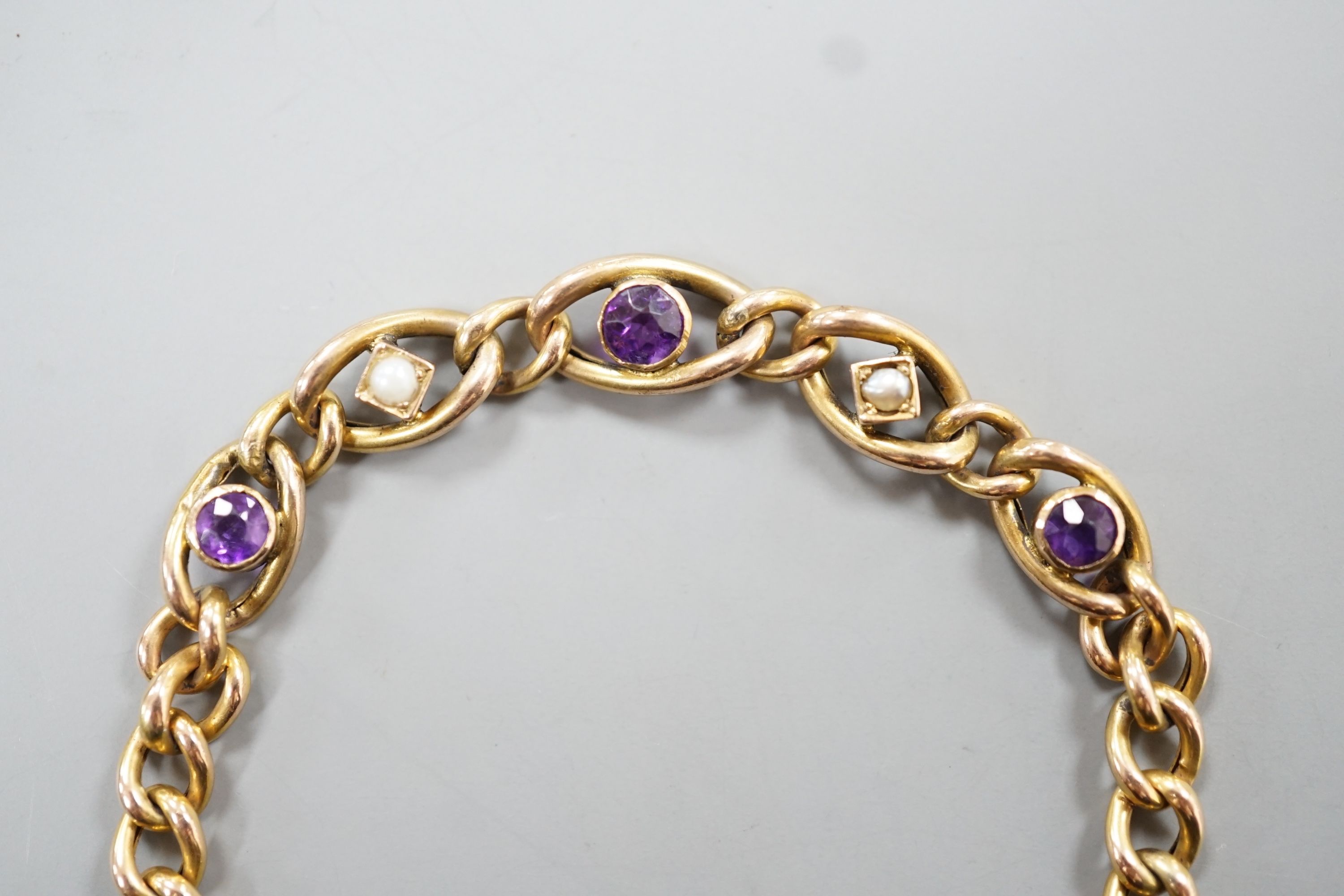 An Edwardian 9ct, amethyst and seed pearl set bracelet, 18cm, 6.1 grams. - Image 2 of 3