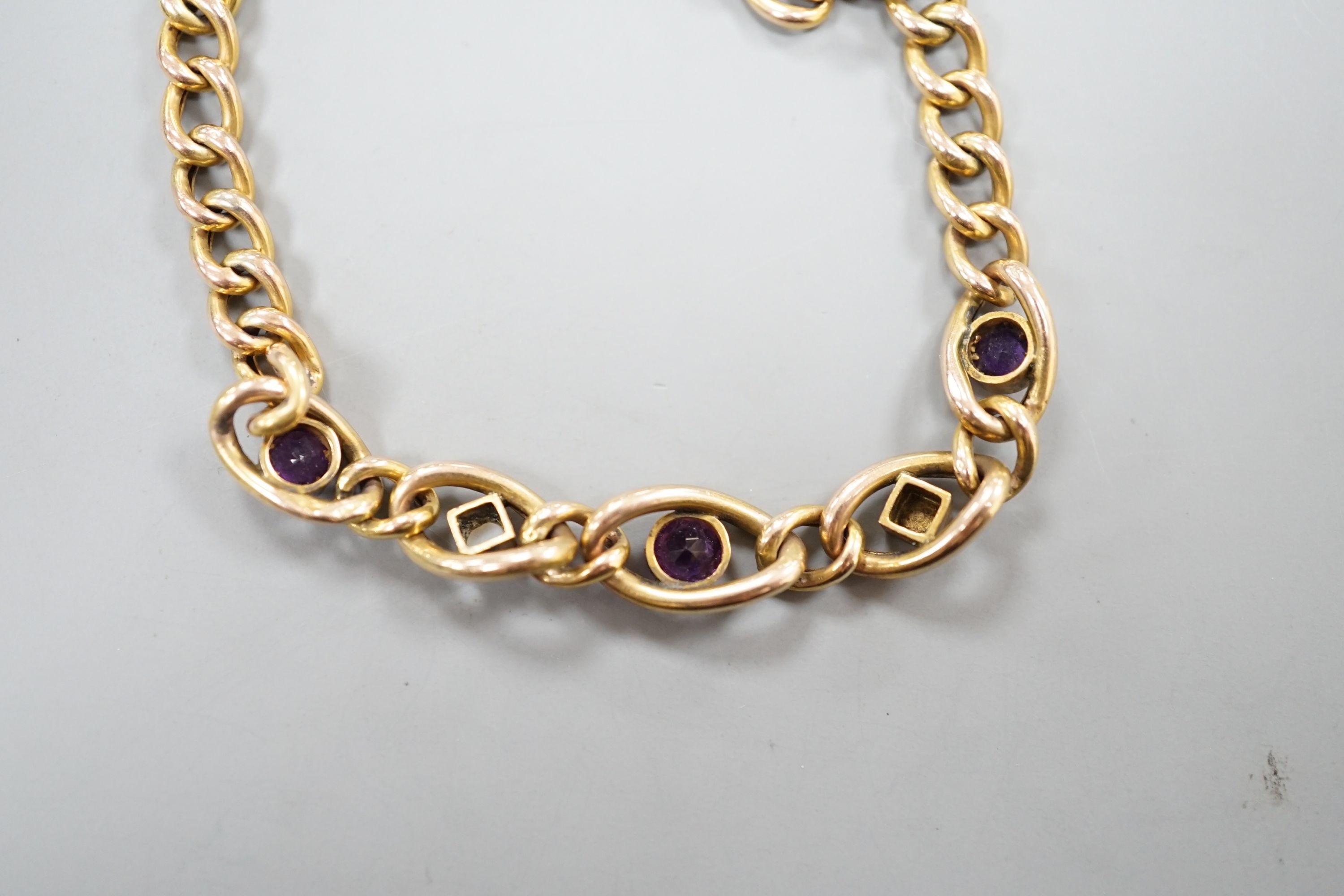 An Edwardian 9ct, amethyst and seed pearl set bracelet, 18cm, 6.1 grams. - Image 3 of 3