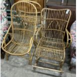 A rocking chair in the style of Franco Albino and a pair of bamboo conservatory chairs