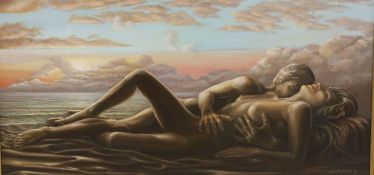 Michael Alcorn-Hender (1945-), oil on board, Embracing nudes on the seashore, signed and dated '