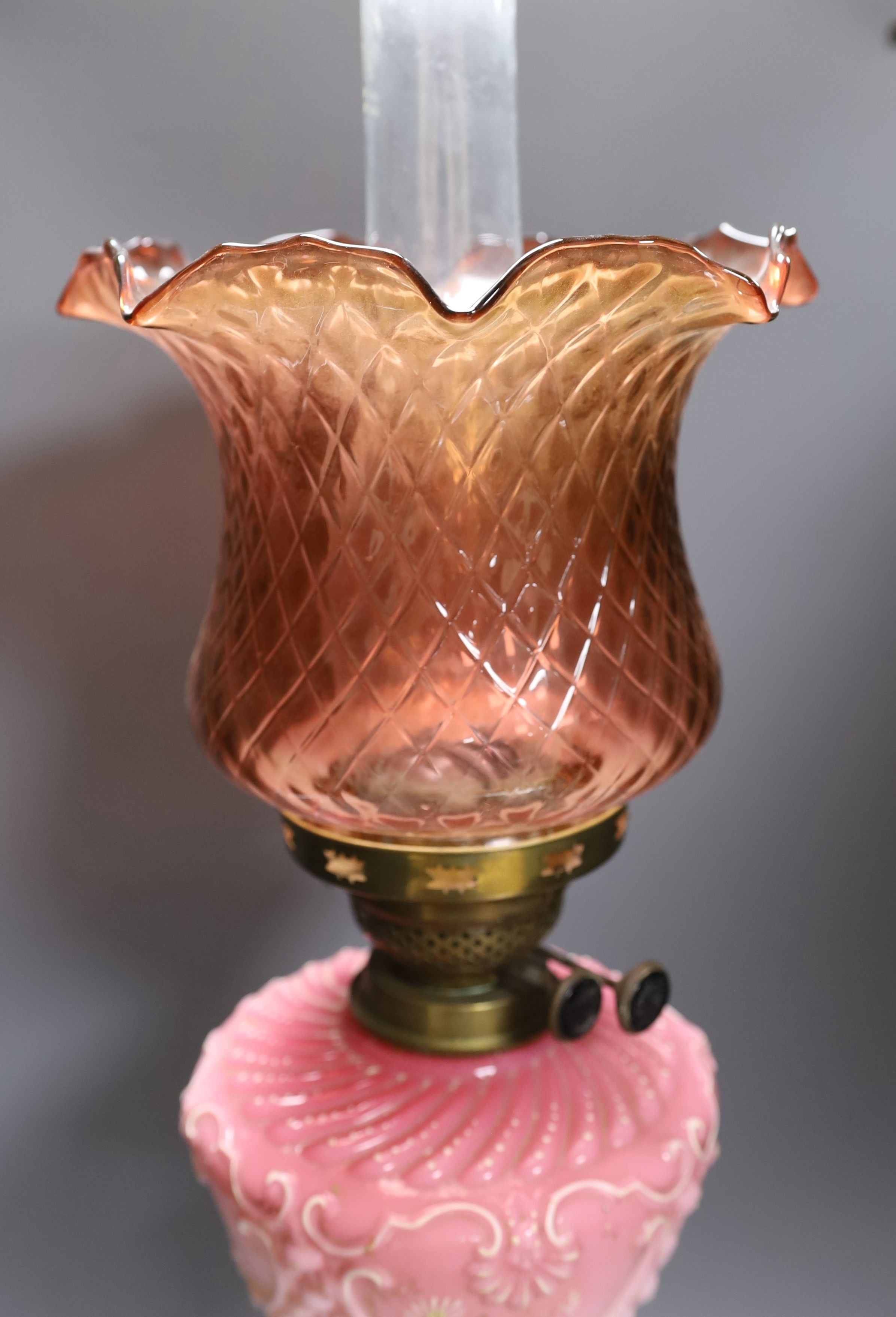 A Victorian brass and coloured glass oil lamp - 70cm high - Image 4 of 4