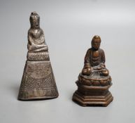 A small 19th century bronze figure of Buddha seated and a Burmese silver overlaid wood figure of