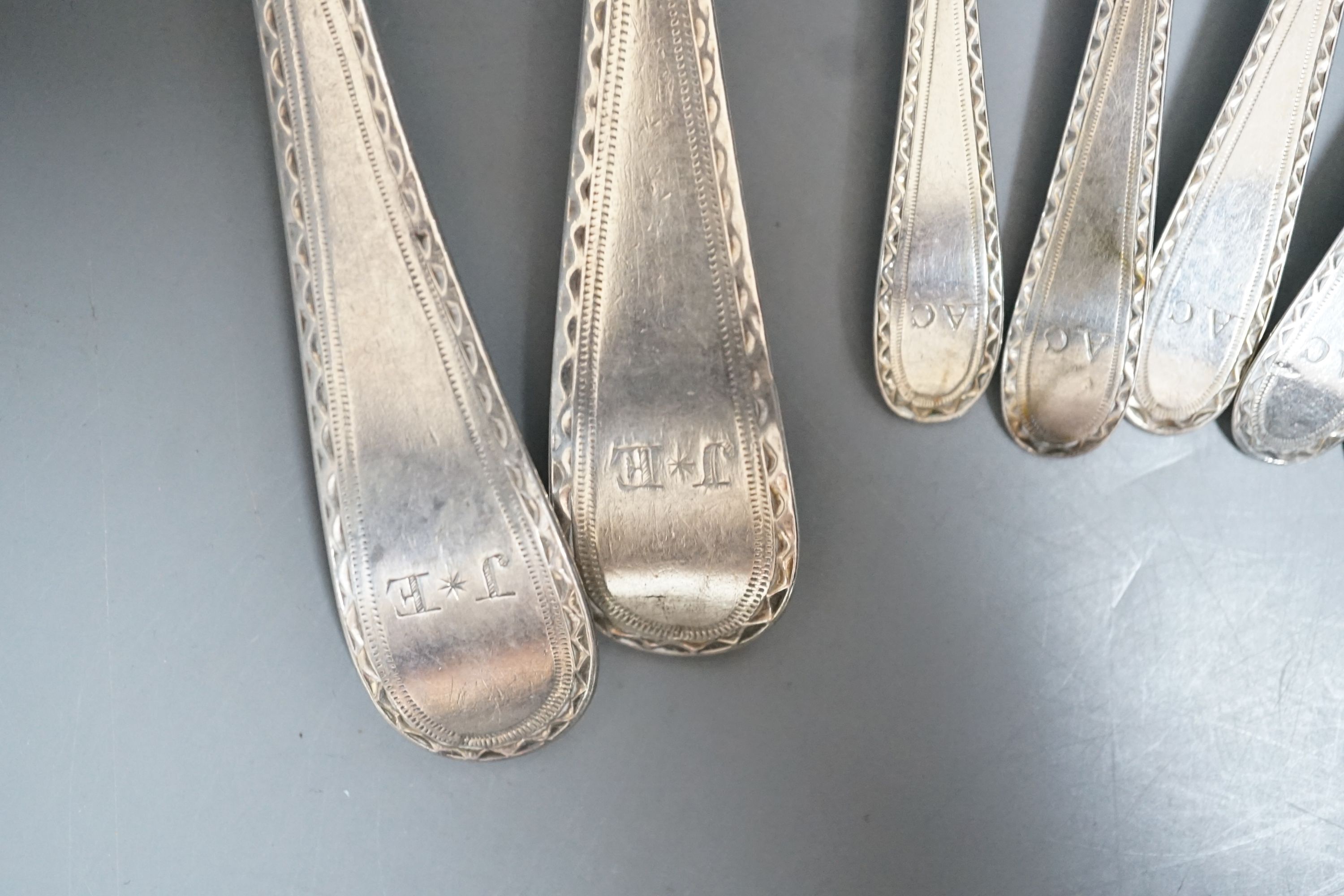 A set of silver George III bright cut engraved silver Old English pattern teaspoons, by Hester - Image 3 of 6