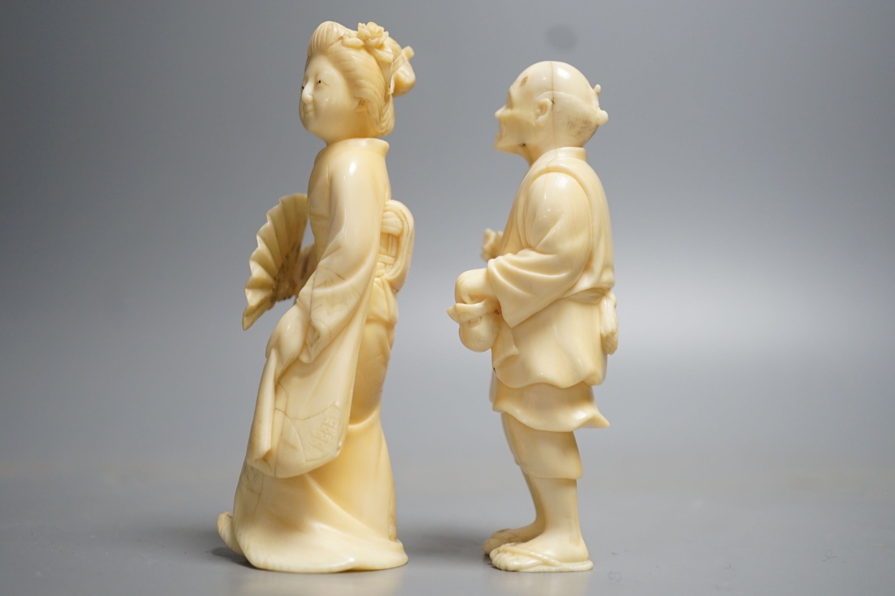 Two Japanese ivory figures of a man and a bijin, Meiji period, tallest signed to base, 10cm - Image 2 of 5