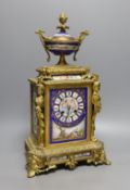 A late 19th century Sevres style porcelain and ormolu mounted mantel clock 42cm