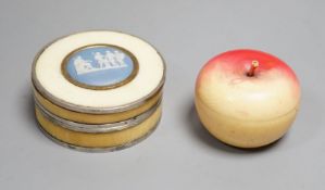 An early 19th century Ivory and blue Jasper mounted box and a 19th century coloured ivory box in the