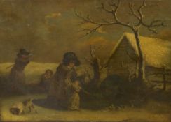 After George Morland, oil on canvas, Mother and child on a lane in winter, bears signature, 23 x