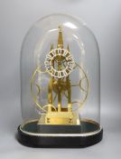 A brass skeleton fusee mantel timepiece, under glass dome on stand,49cms high.