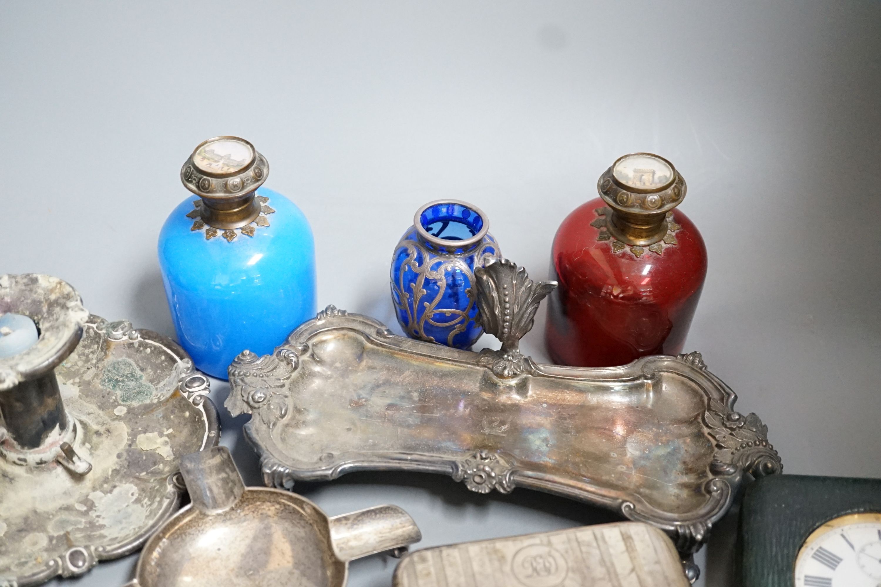 An Edwardian silver mounted travelling pocket watch case with 8-day pocket watch, one other - Image 4 of 5