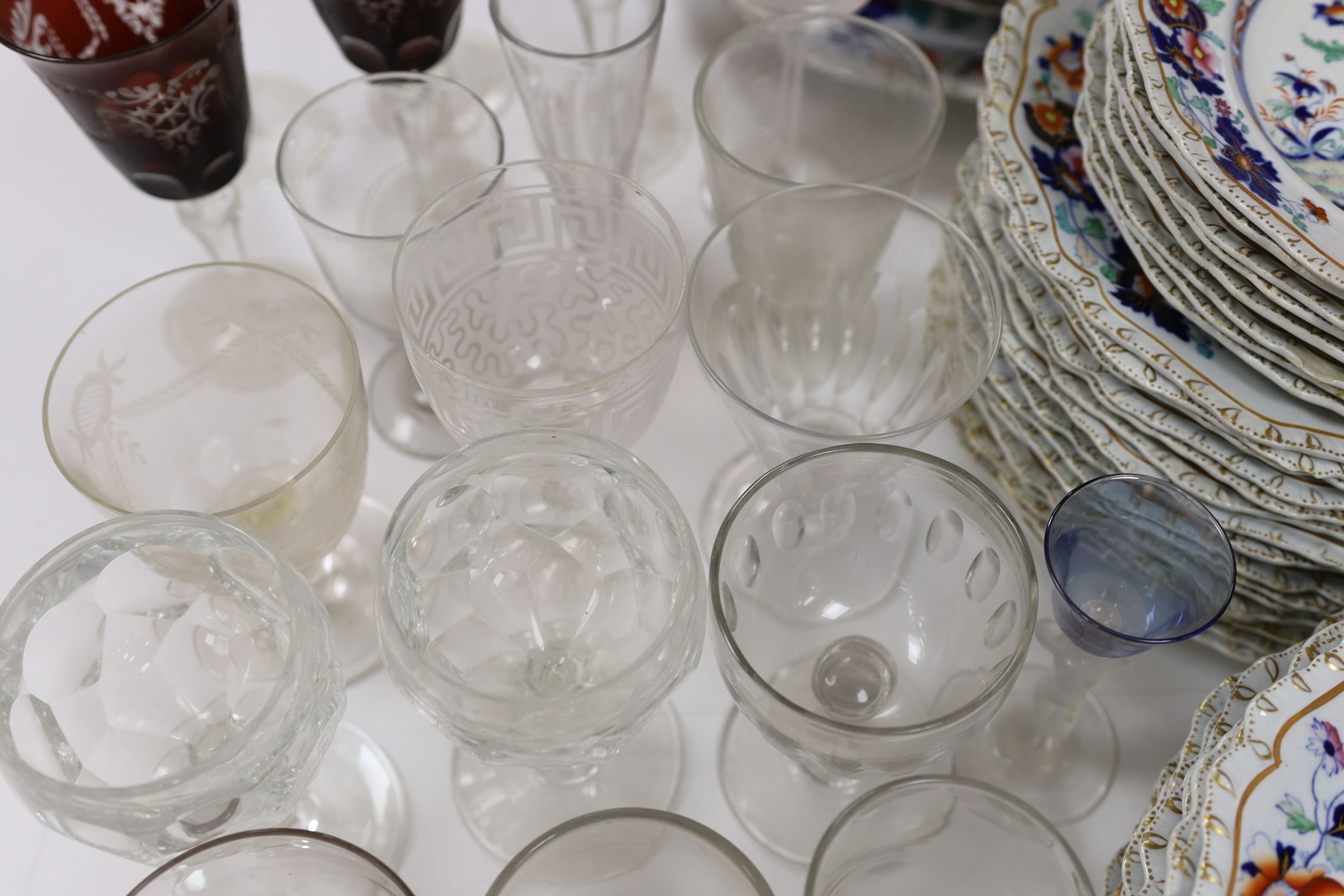 A collection of mostly 19th century rummers and ruby etched glass wine glasses, flutes etc. - Image 4 of 5