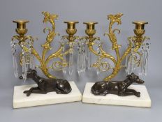 A pair of figurative two branch whippet lustre candelabra - 27cm high