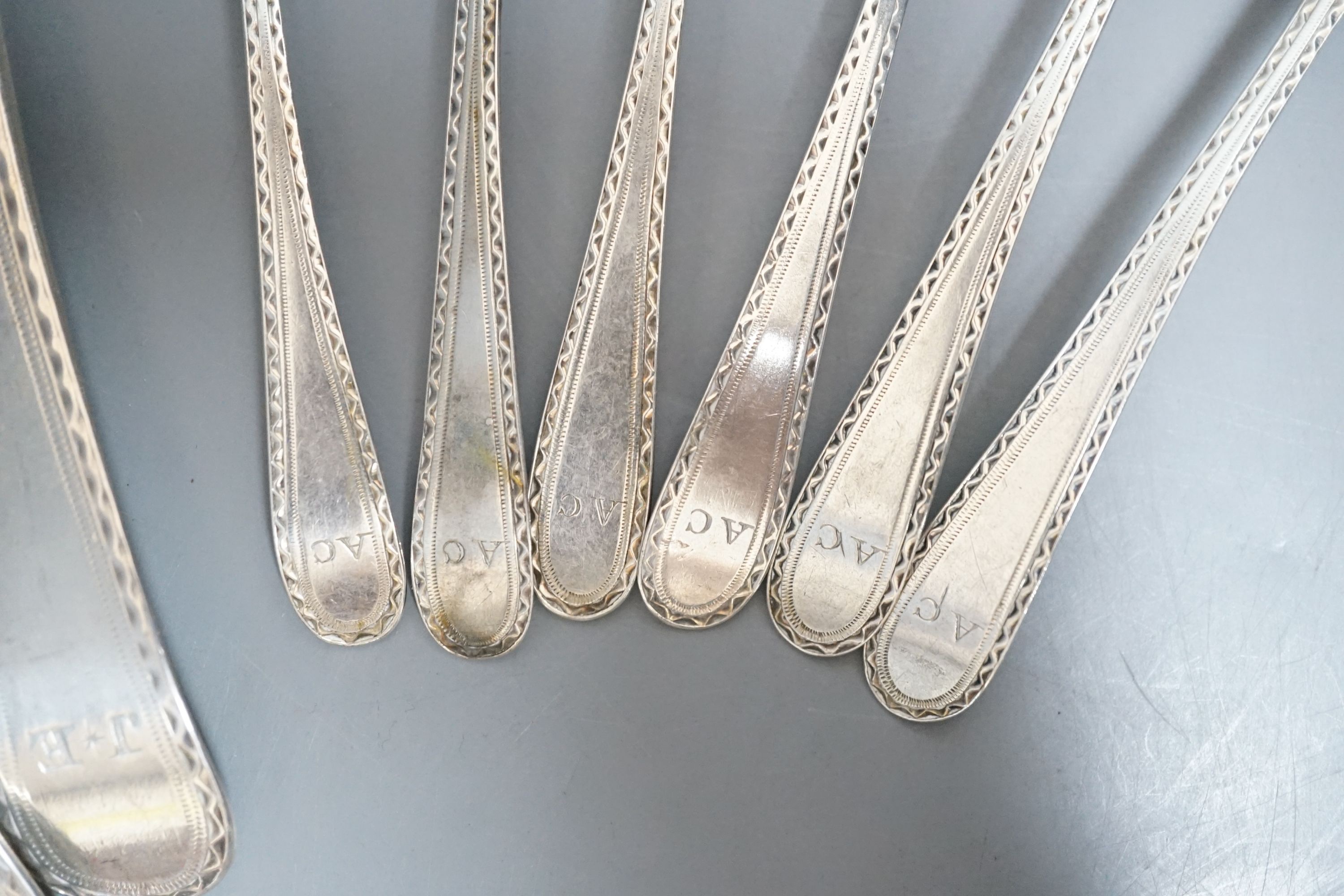 A set of silver George III bright cut engraved silver Old English pattern teaspoons, by Hester - Image 2 of 6