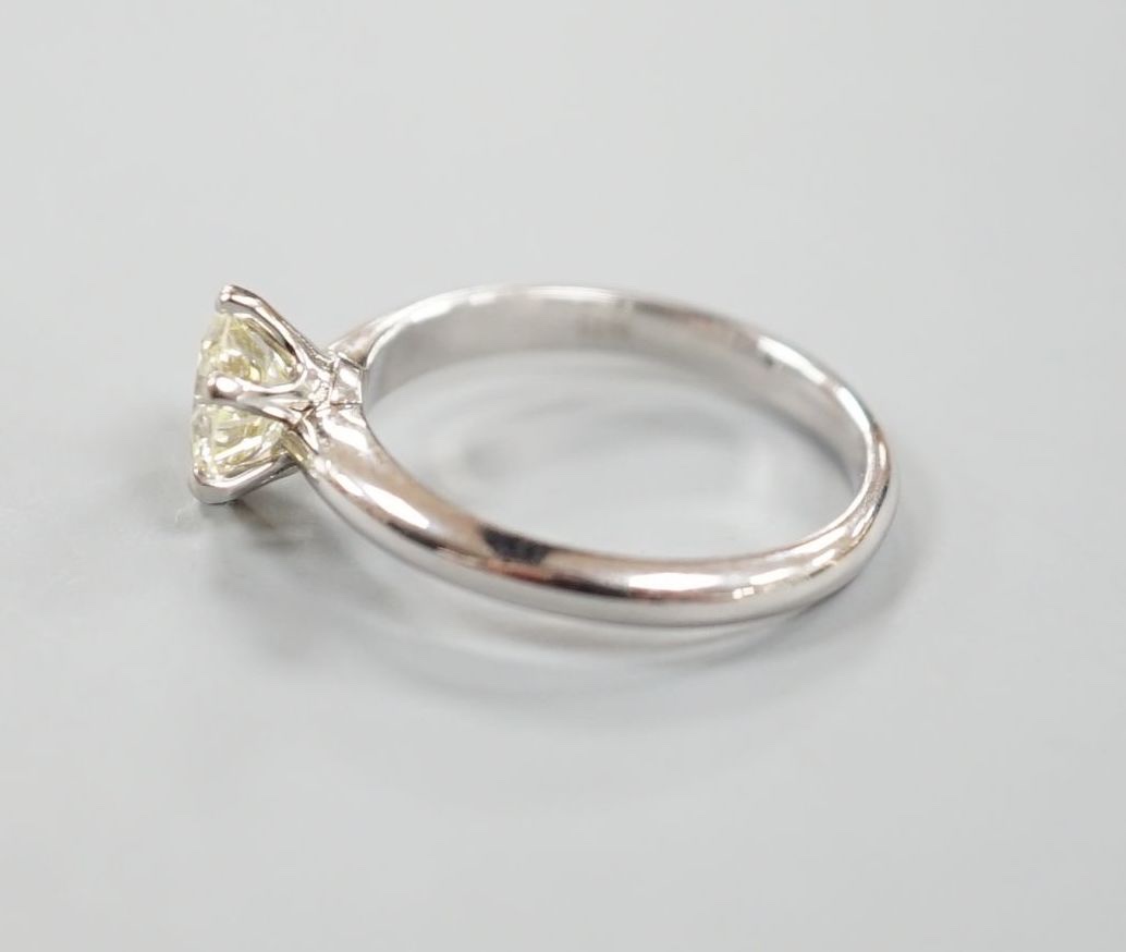 A modern 18k white metal and solitaire diamond set ring, size M, gross weight 3.6 grams,the stone - Image 2 of 3
