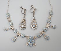 A base metal, marcasite and blue paste set necklace and pair of matching drop earrings, necklace