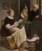 19th century German School, oil on zinc panel, Interior with lady sewing and a poultry seller, 20