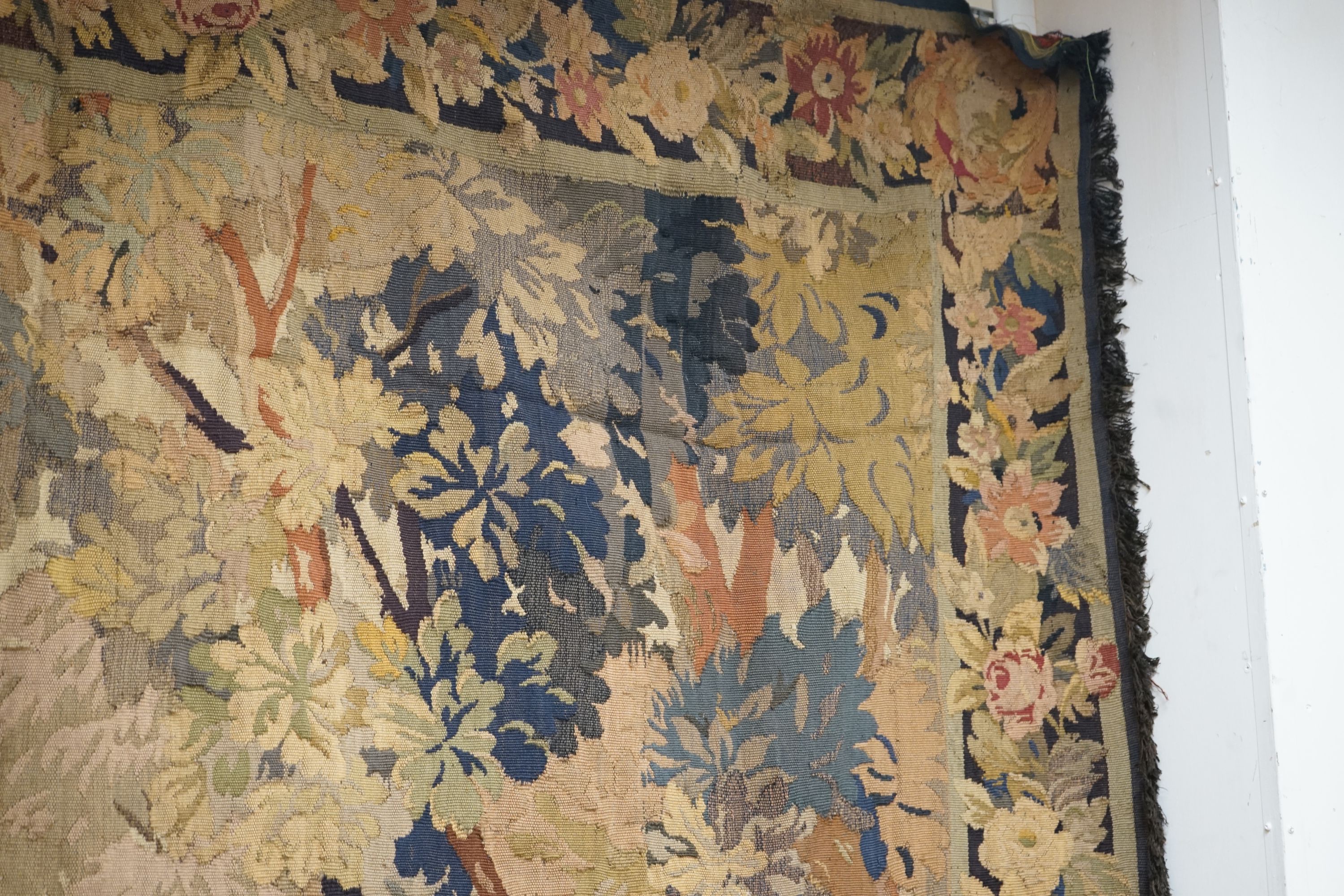 A late 19th / early 20th century French tapestry depicting a woodland scene with trees and flowers - Image 8 of 9