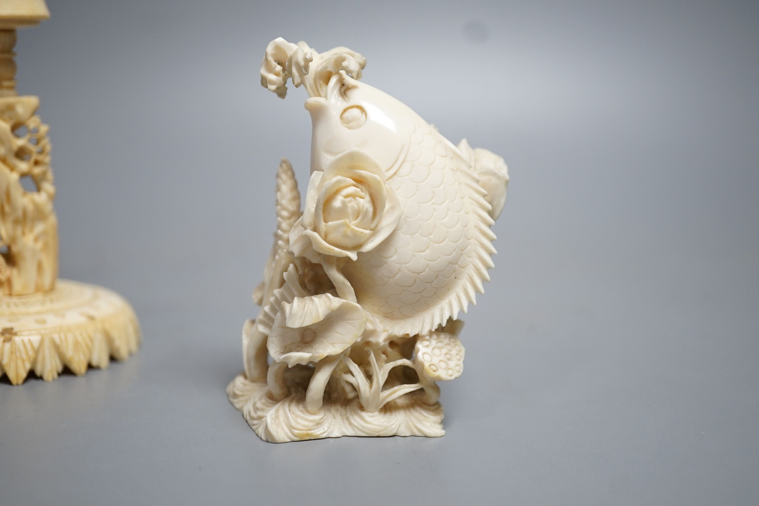 A Chinese ivory concentric puzzle ball and stand, two Chinese ivory snuff bottles and stoppers, - Image 3 of 8