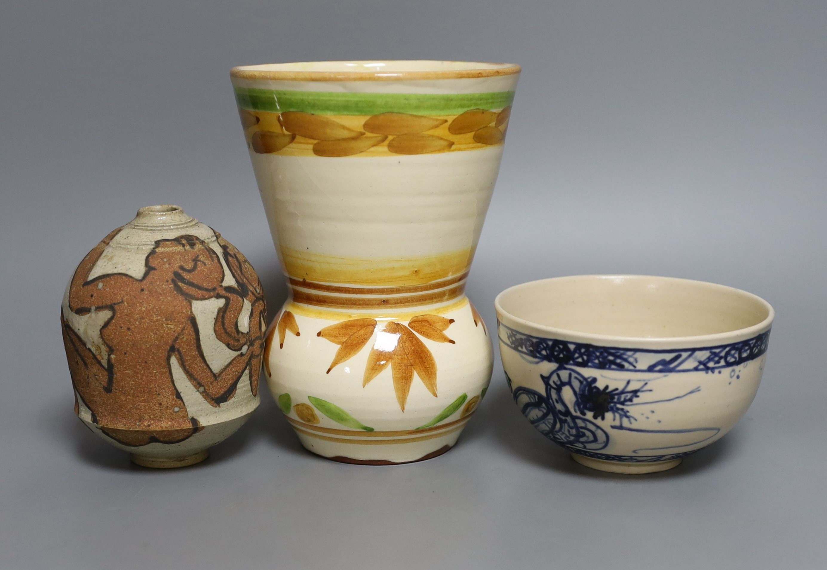 Three pieces of Yolande Beer pottery, to include a vase, ‘griffin’ bowl and a stoneware figural - Image 2 of 4