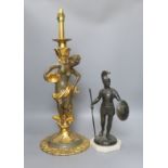 A bronze Roman gladiator and gilt figural lamp - tallest 58cm