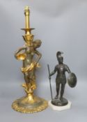 A bronze Roman gladiator and gilt figural lamp - tallest 58cm