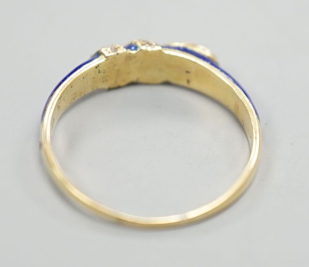 A late Victorian yellow metal, blue enamel and rose cut diamond set serpent ring, size O, gross - Image 4 of 4