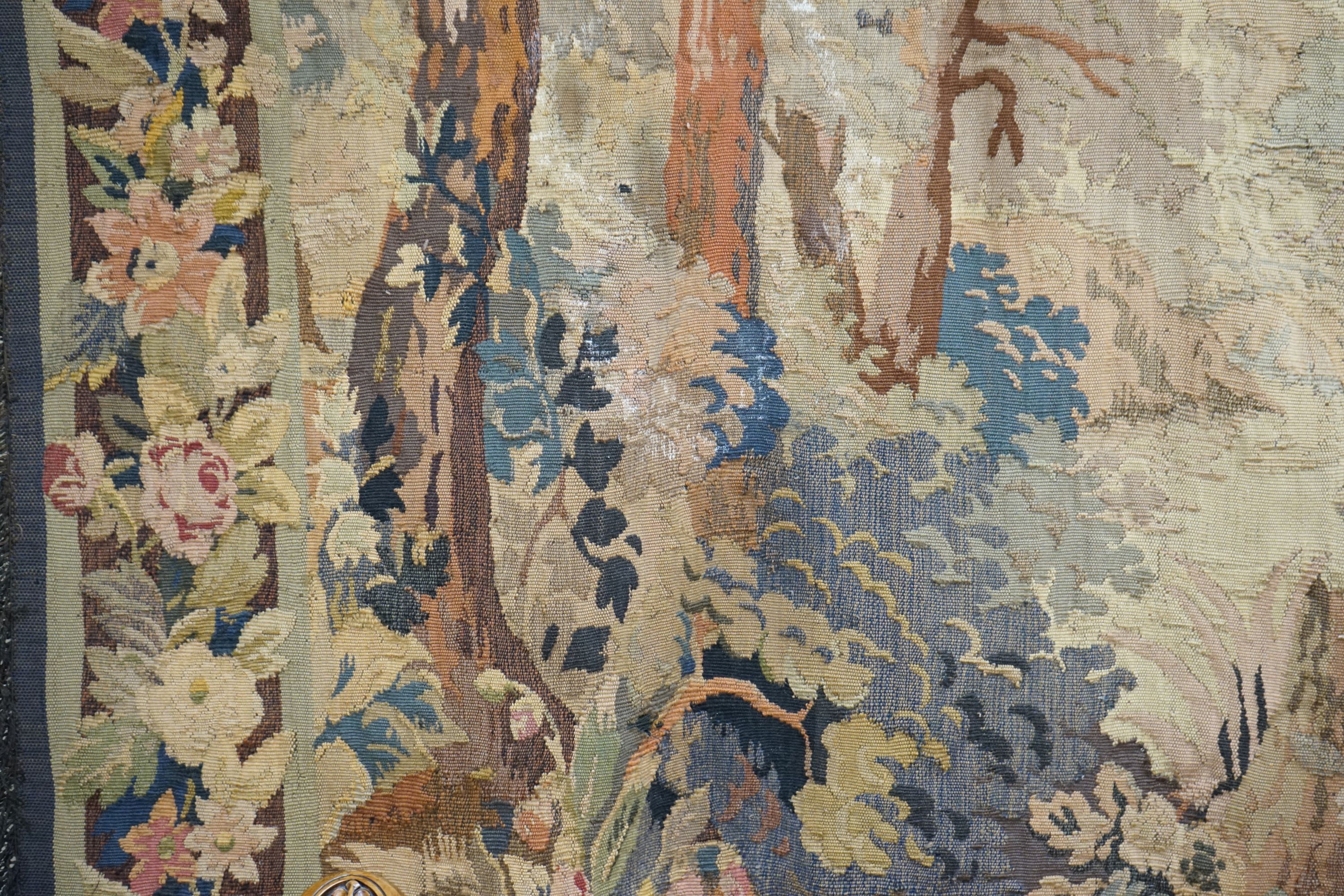 A late 19th / early 20th century French tapestry depicting a woodland scene with trees and flowers - Image 5 of 9