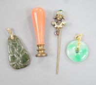 An 18k mounted jade set teardrop shaped pendant, 36mm and three other items of jewellery,