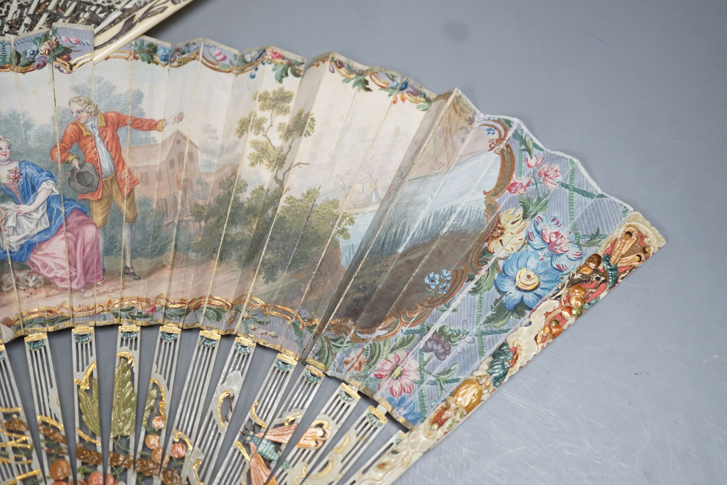 Two late 18th/early 19th century French gilded and silvered ivory and painted paper leaf fans - Image 4 of 9