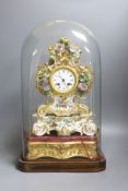 19th century decorative scroll and flowers porcelain mantle clock in domed case - 45cm tall