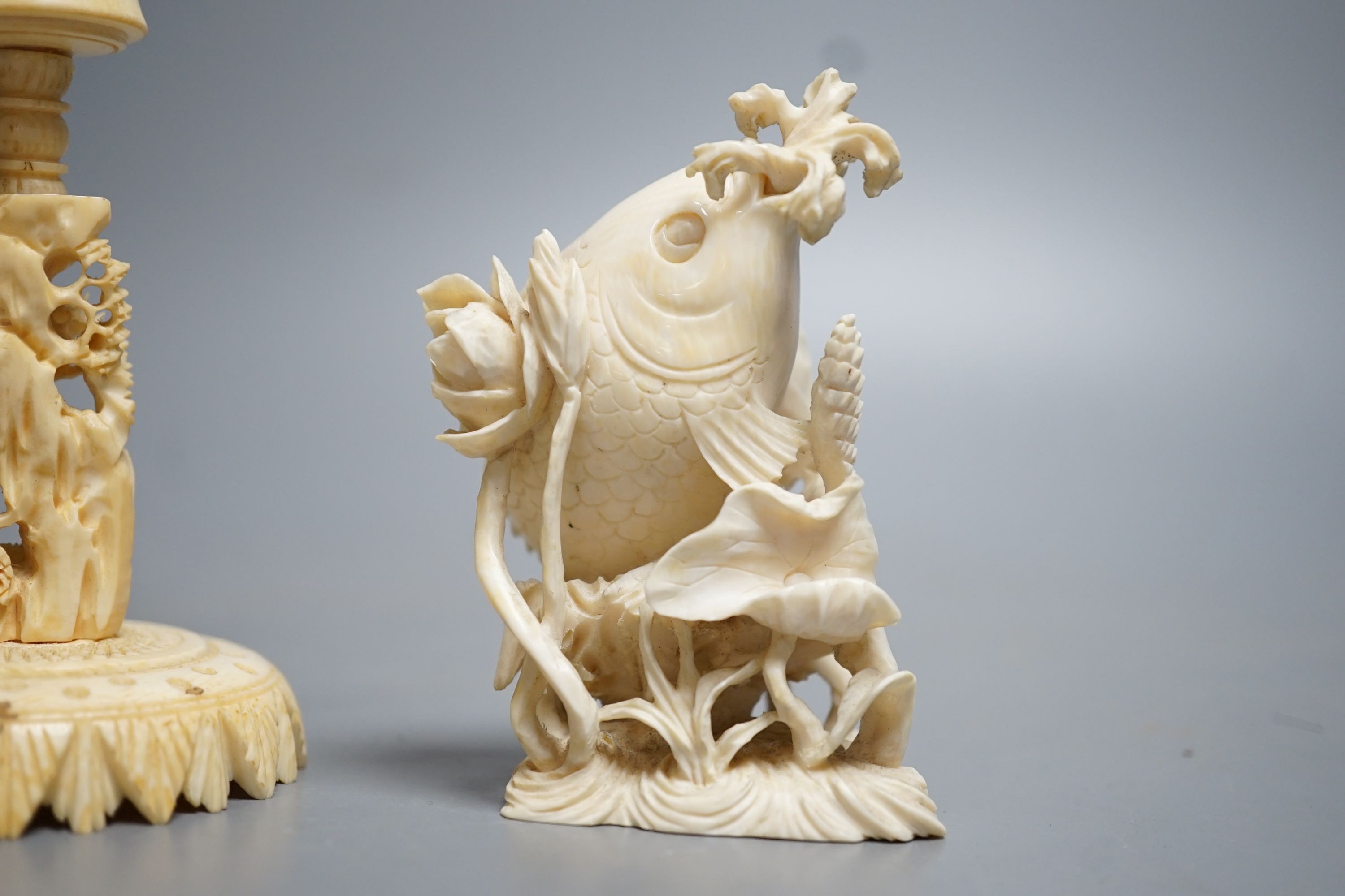 A Chinese ivory concentric puzzle ball and stand, two Chinese ivory snuff bottles and stoppers, - Image 2 of 8