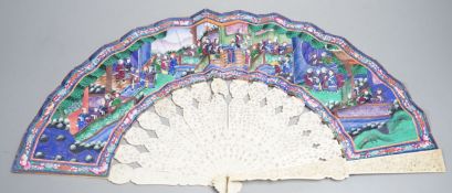 A 19th century Chinese export pierced ivory and painted paper leaf fan, in box. Fan 28cm long