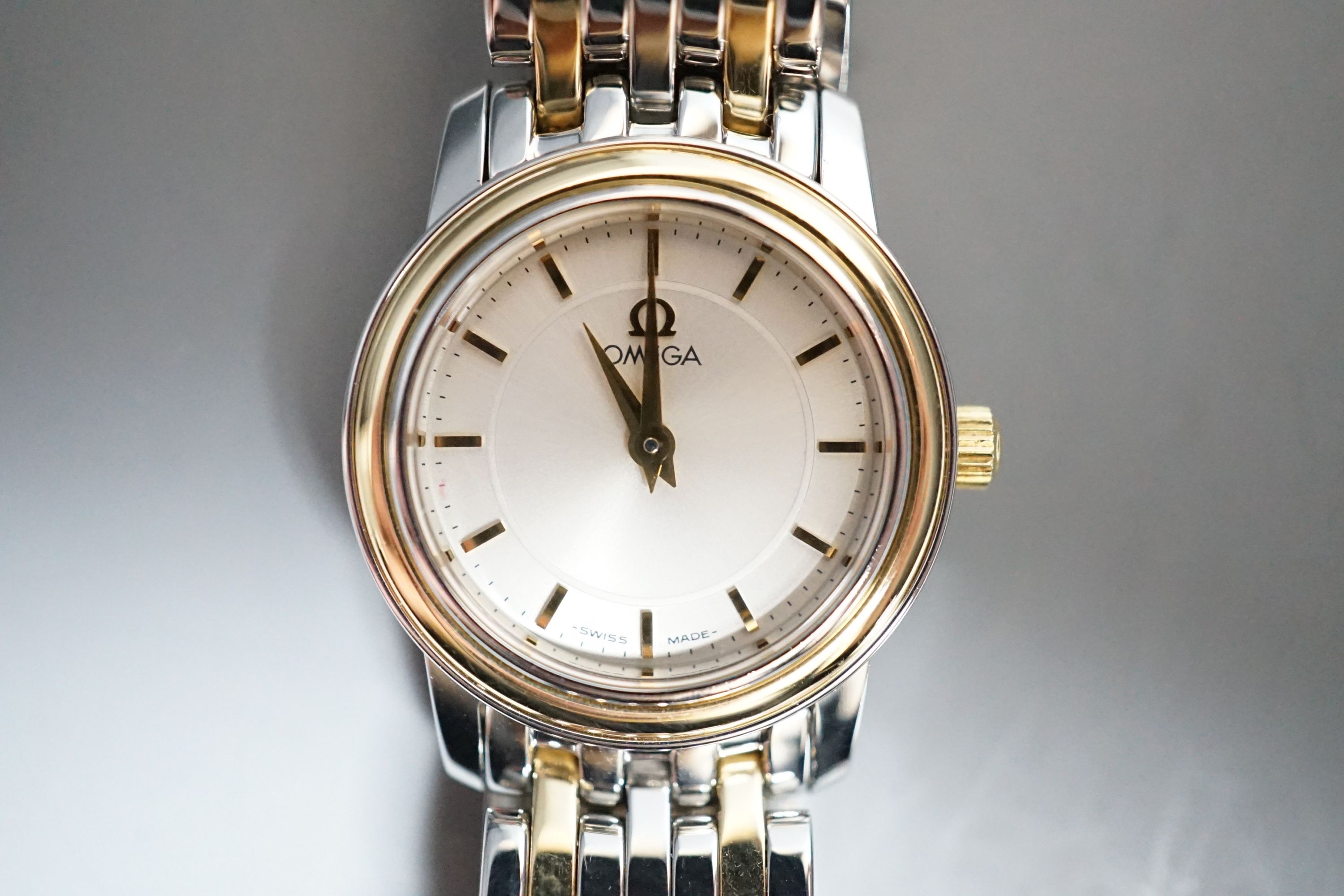 A lady's steel and gold plated Omega quartz wrist watch, on steel and gold plated Omega bracelet, - Image 2 of 4