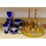 Selection of lace-pattern coloured glassware including an amber liqueur set