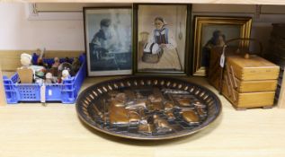 A collection of lace maker's bobbins, related copper wall plate, figures and prints