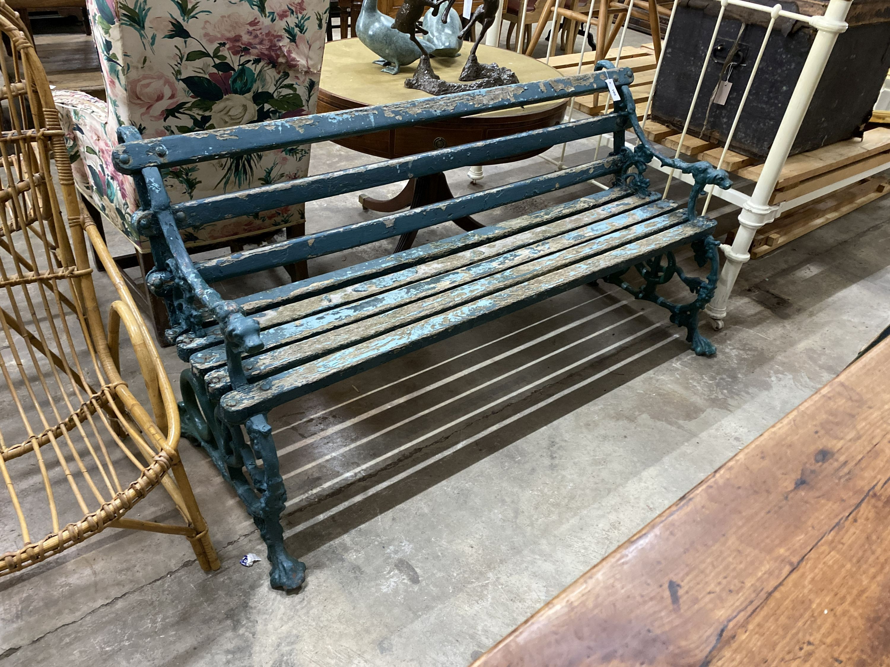 A Victorian Coalbrookdale painted cast iron serpent and grape slatted garden bench, length 160cm,