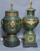 Two decorative gilt green table lamps - tallest 65cm