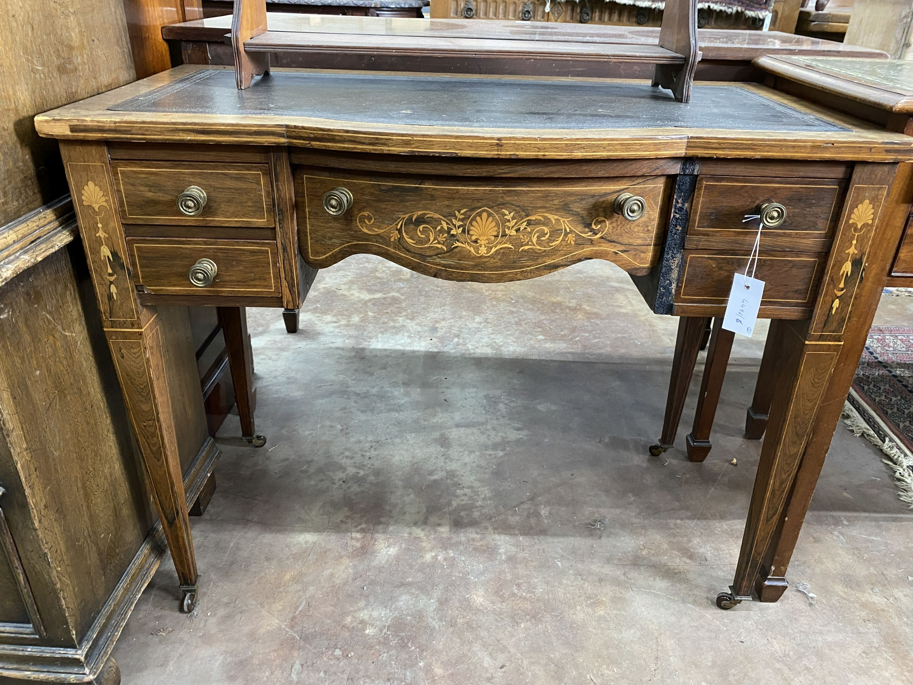An Edwardian rosewood and marquetry inlaid bow front writing table, width 91cm, depth 49cm, height - Image 3 of 3