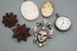 A yellow metal mounted cameo shell brooch and a similar pendant, two brooches, a white metal fob