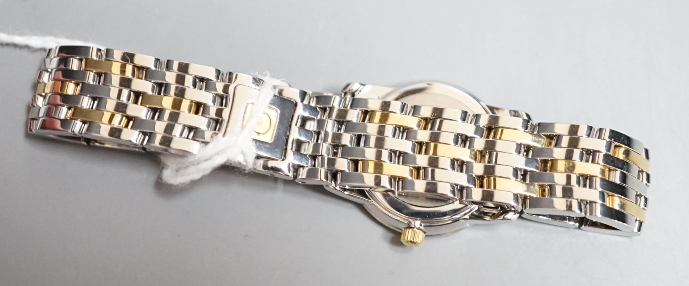 A lady's steel and gold plated Omega quartz wrist watch, on steel and gold plated Omega bracelet, - Image 4 of 4