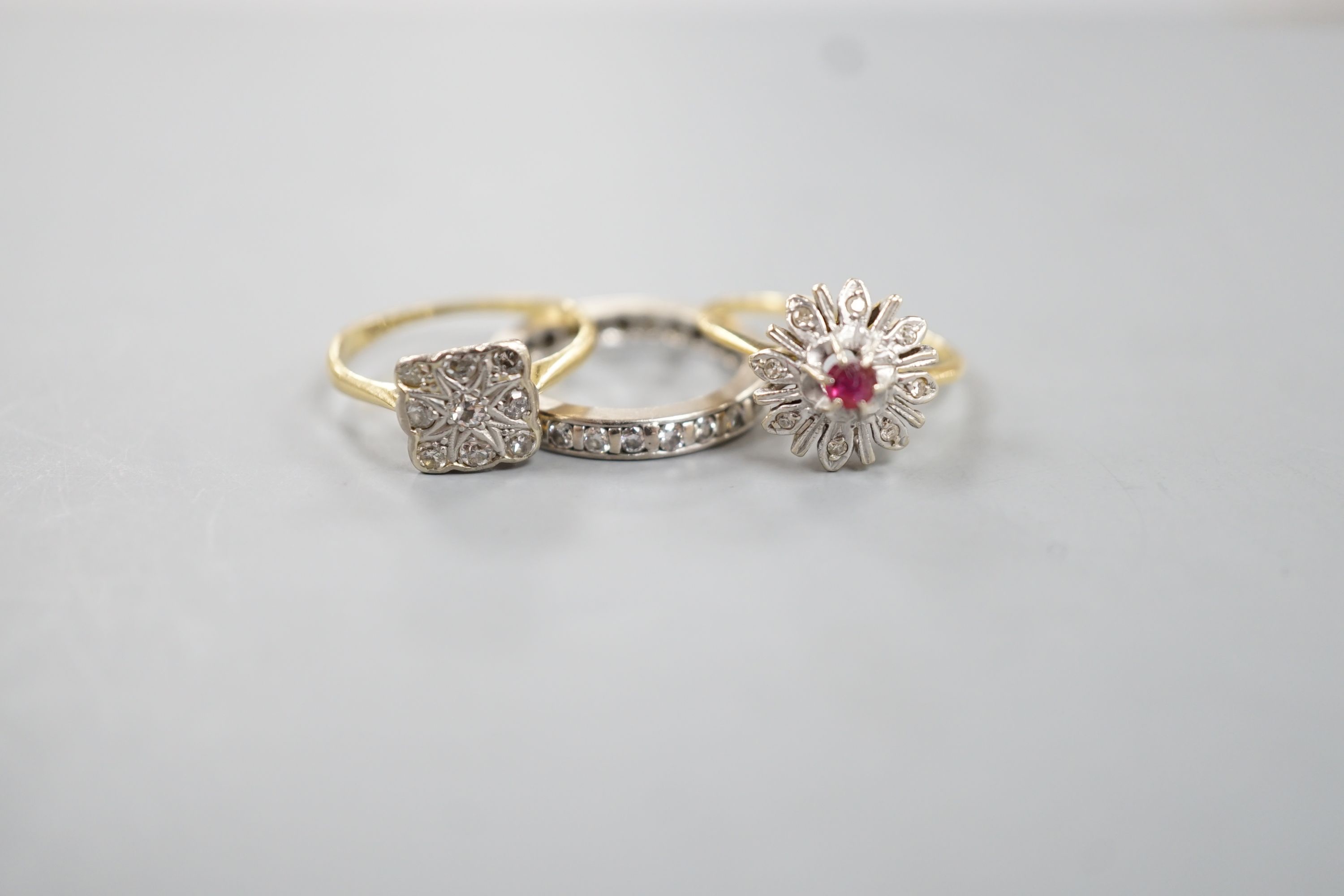 A white metal an diamond chip set full eternity ring, size J/K, gross 3.4 grams, a 1920's 18ct and - Image 2 of 3