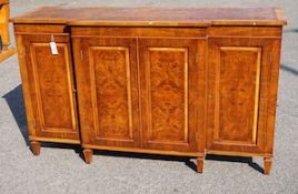 A reproduction George III style banded burr walnut breakfront side cabinet, width 154cm, depth 50cm,