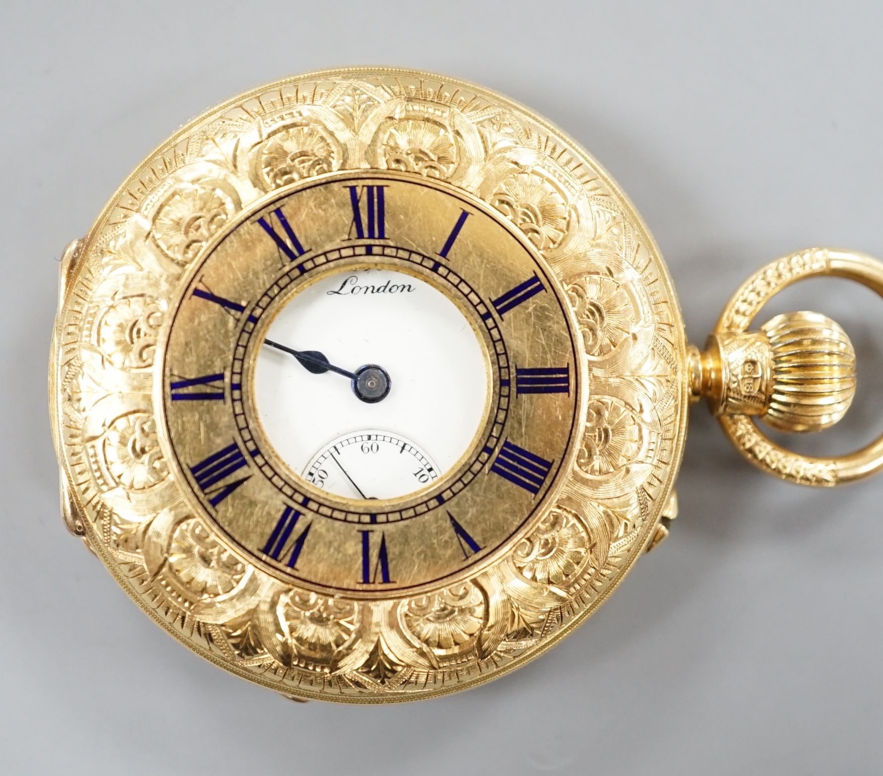 An Edwardian engraved 18ct gold half hunter keyless pocket watch, by J.W. Benson, with Roman dial