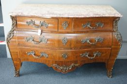 A Louis XV style marble topped serpentine bombe commode - impressed maker's stamp, M.P., width