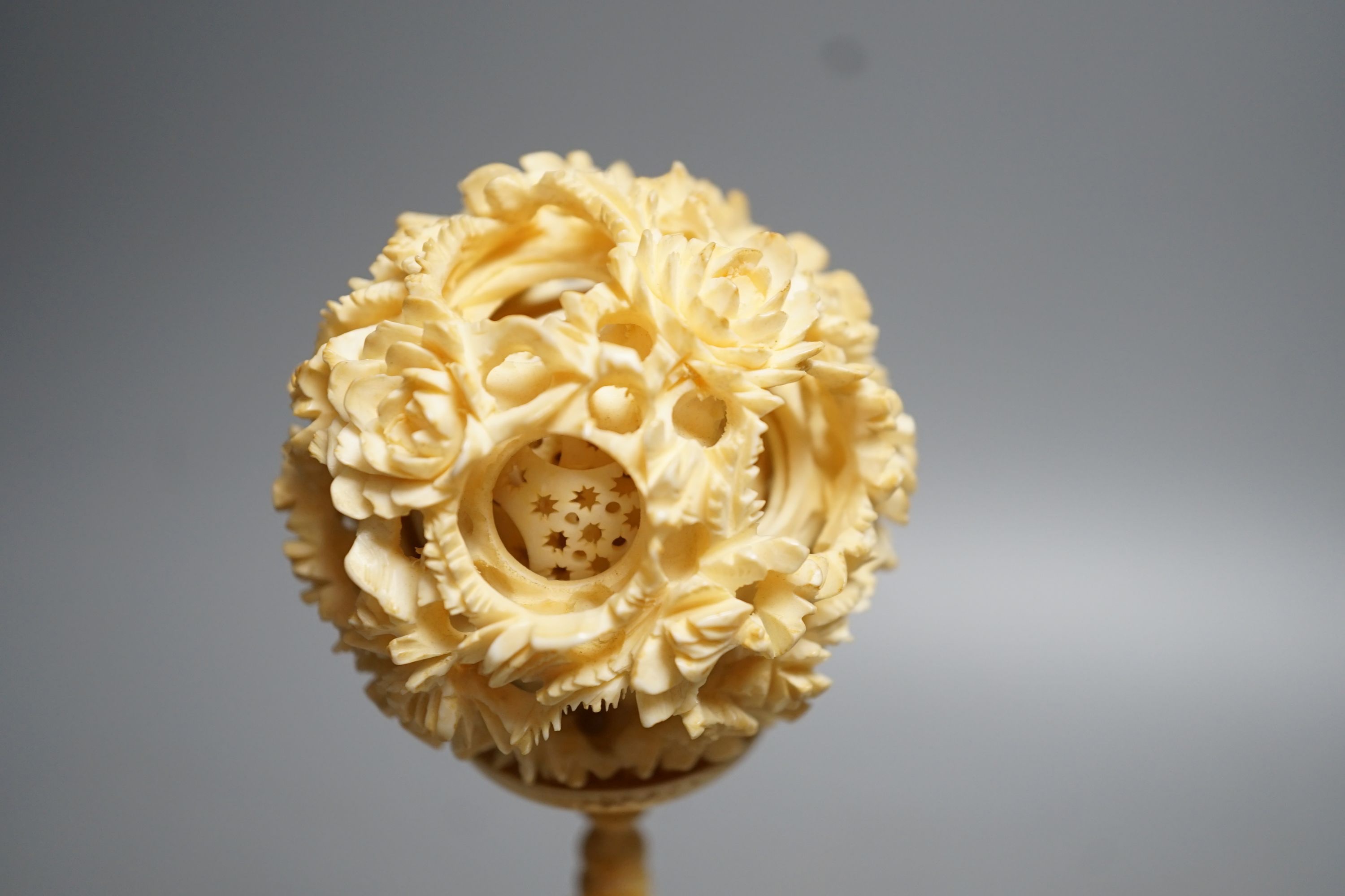 A Chinese ivory concentric puzzle ball and stand, two Chinese ivory snuff bottles and stoppers, - Image 5 of 8