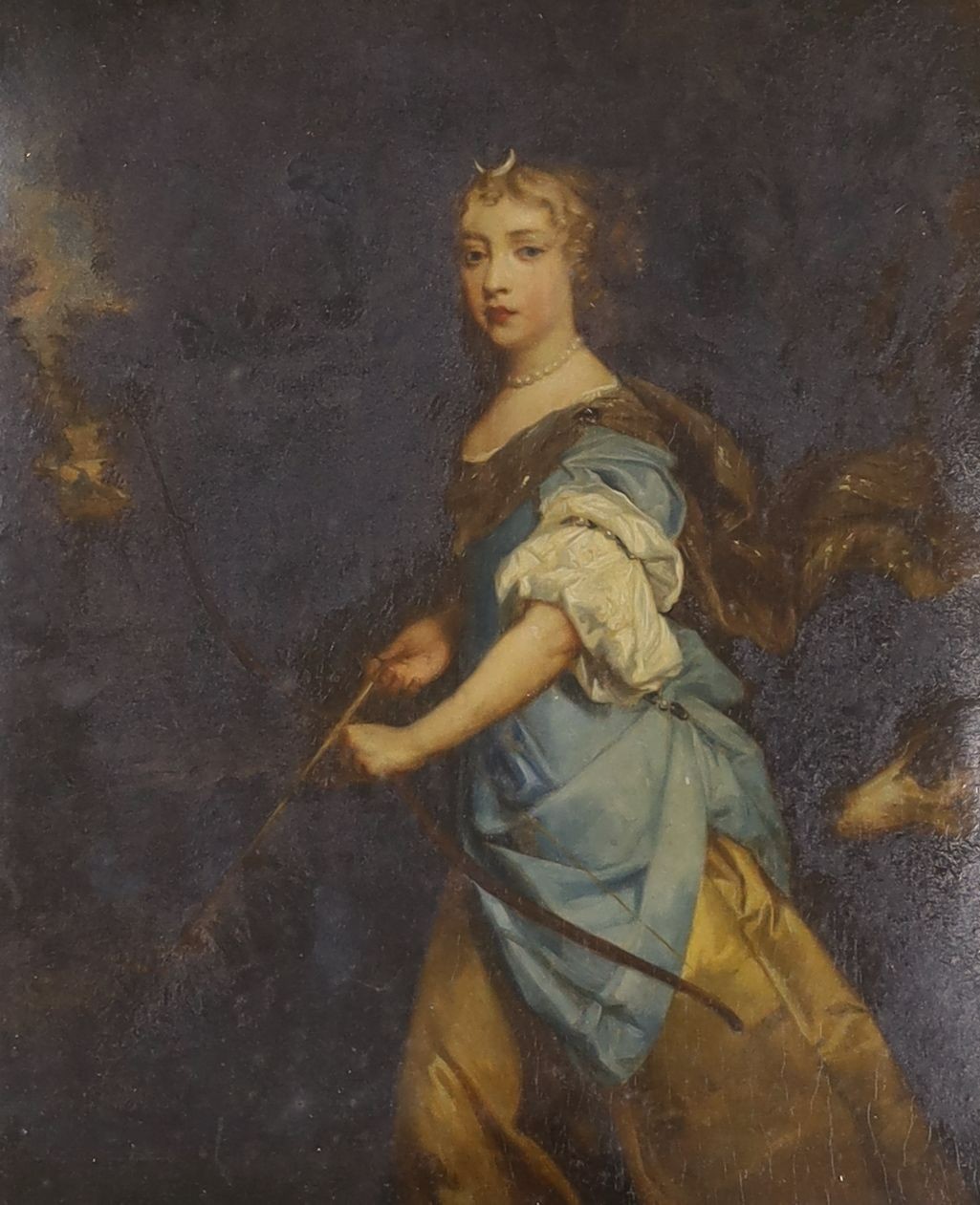 After Peter Lely, overpainted print, Jane Kelleway as Diana holding a bow, 27 x 23cm, in ornate