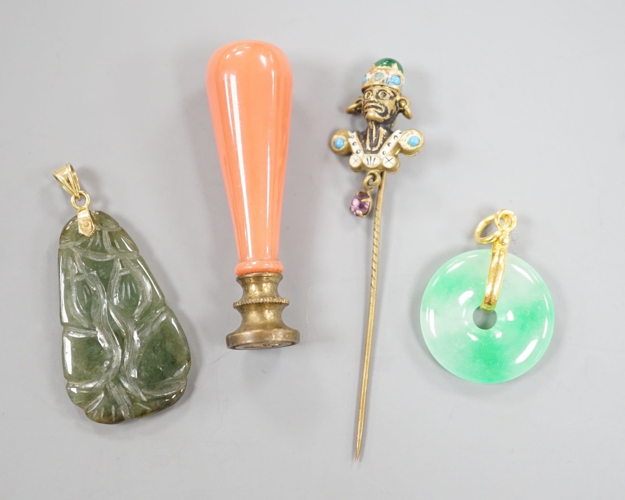 An 18k mounted jade set teardrop shaped pendant, 36mm and three other items of jewellery, - Image 2 of 6