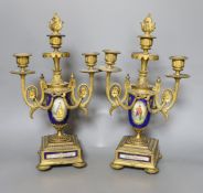 A pair of Sevres style porcelain and ormolu candelabra,36 cms high.